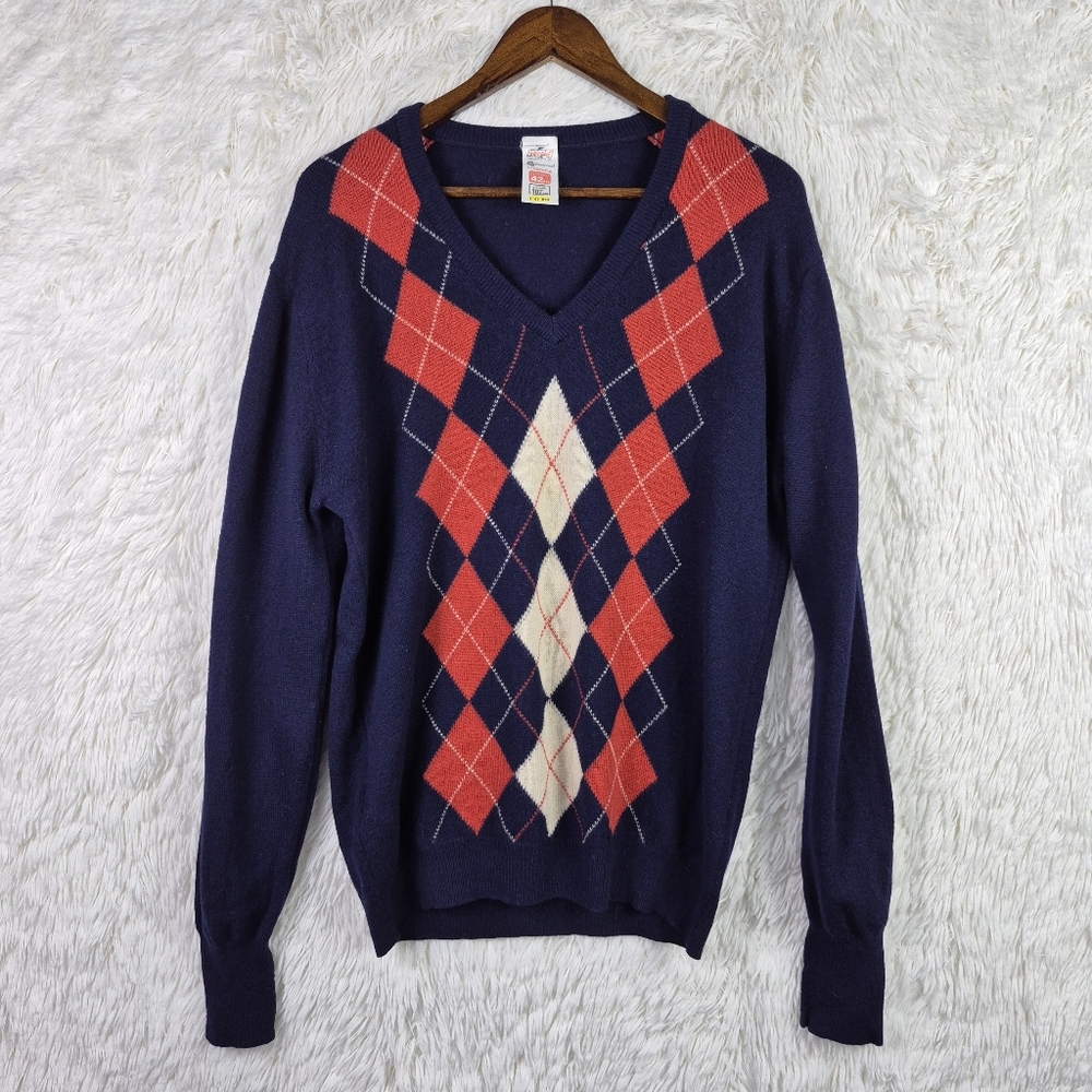 Vtg St Michael Mens L 100% Wool Navy Blue & Red Argyle V-Neck Sweater Preppy